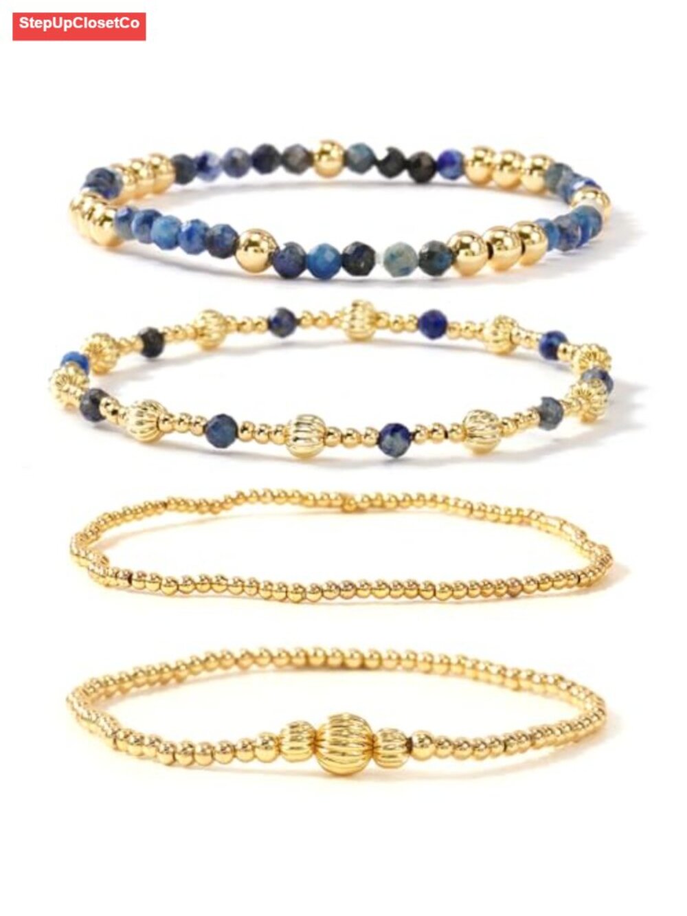 14K Gold Plated Lapis Lazuli Beaded Stretch Bracelet Stack - Waterproof
